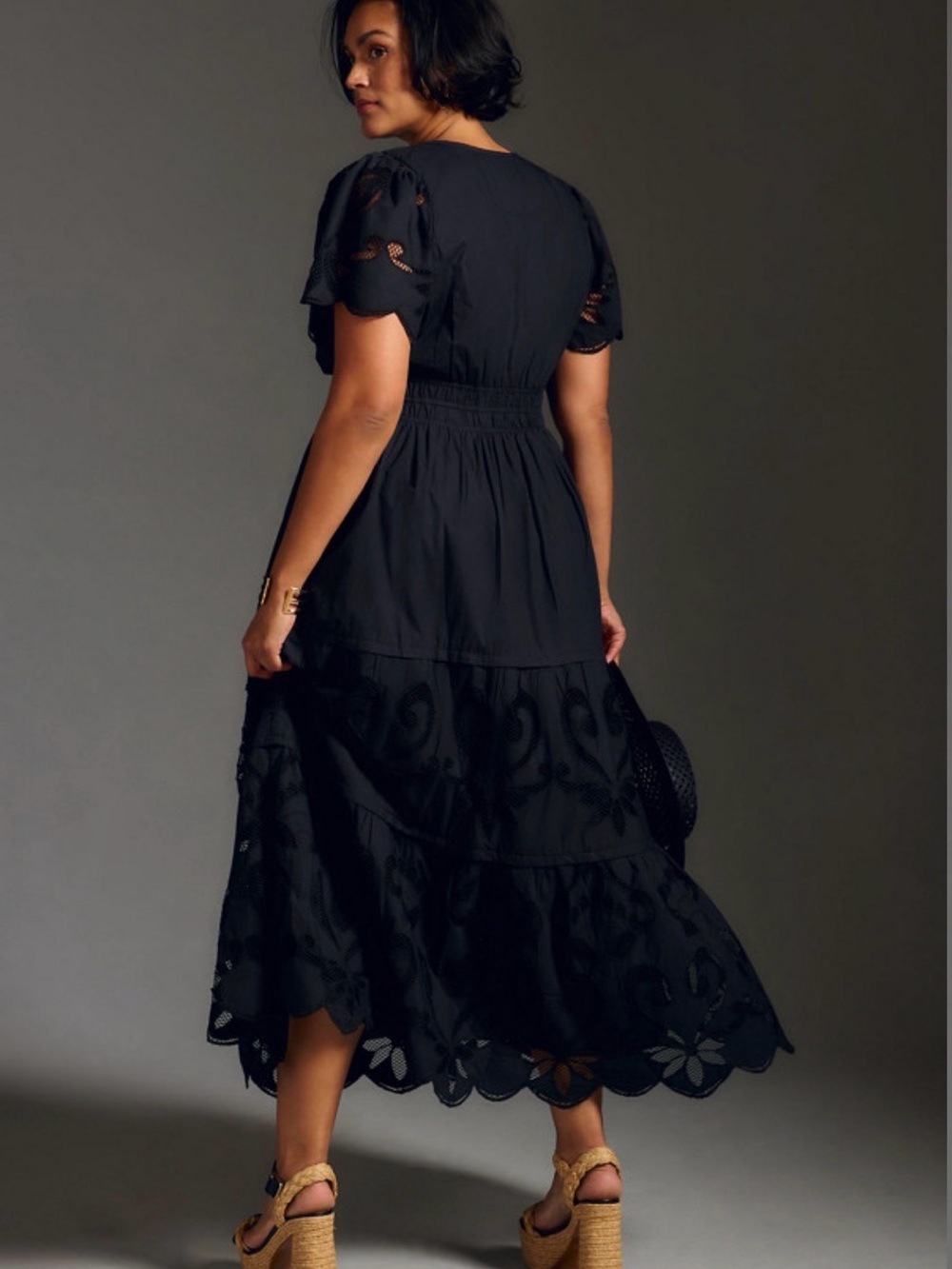 Anthropologie Black Tiered Eyelet Maxi Dress - Picture 2 of 6